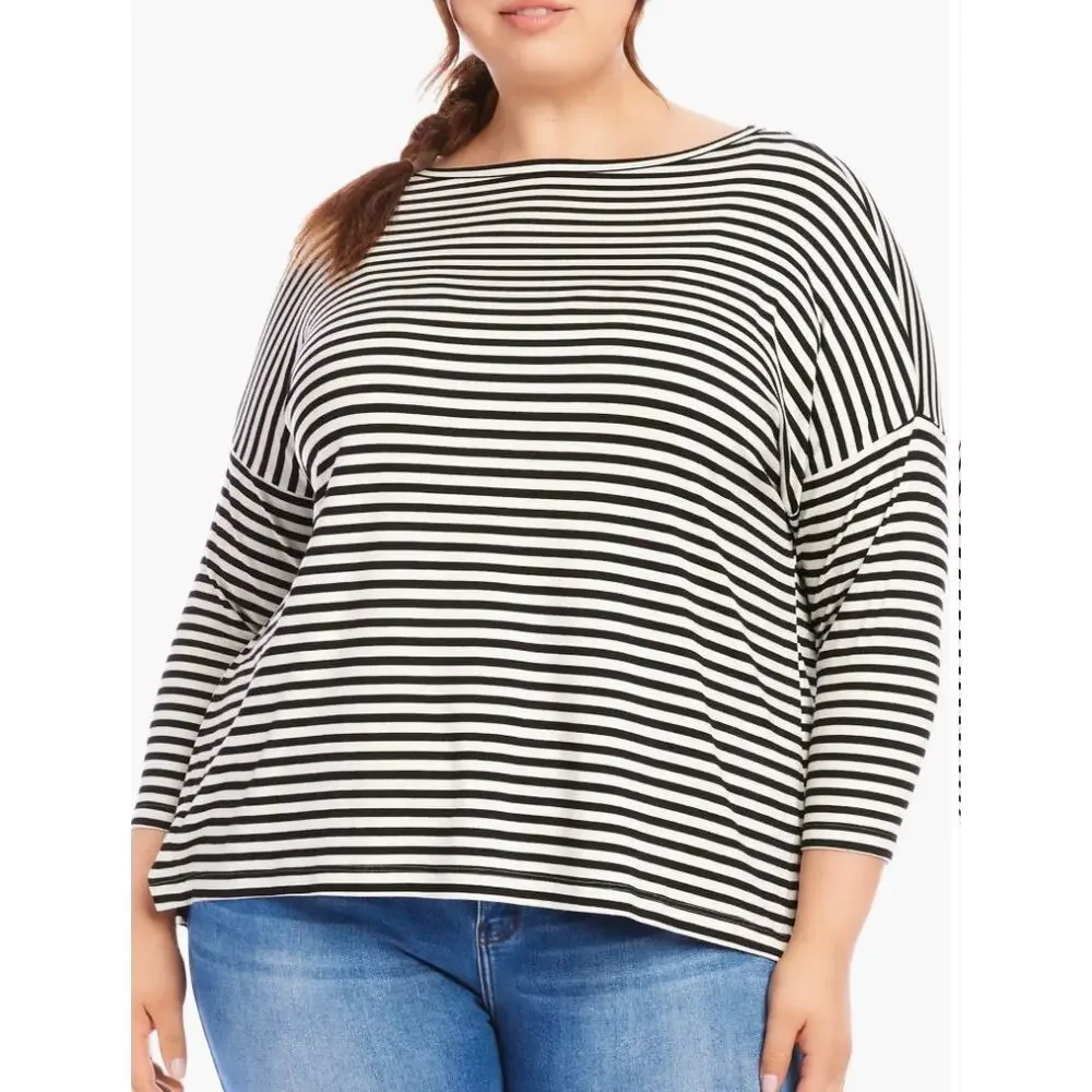 Karen Kane Boat Neck Striped Top 3/4 Sleeve Shirt | Plus 3x, Black White NEW $98 - Picture 3 of 5